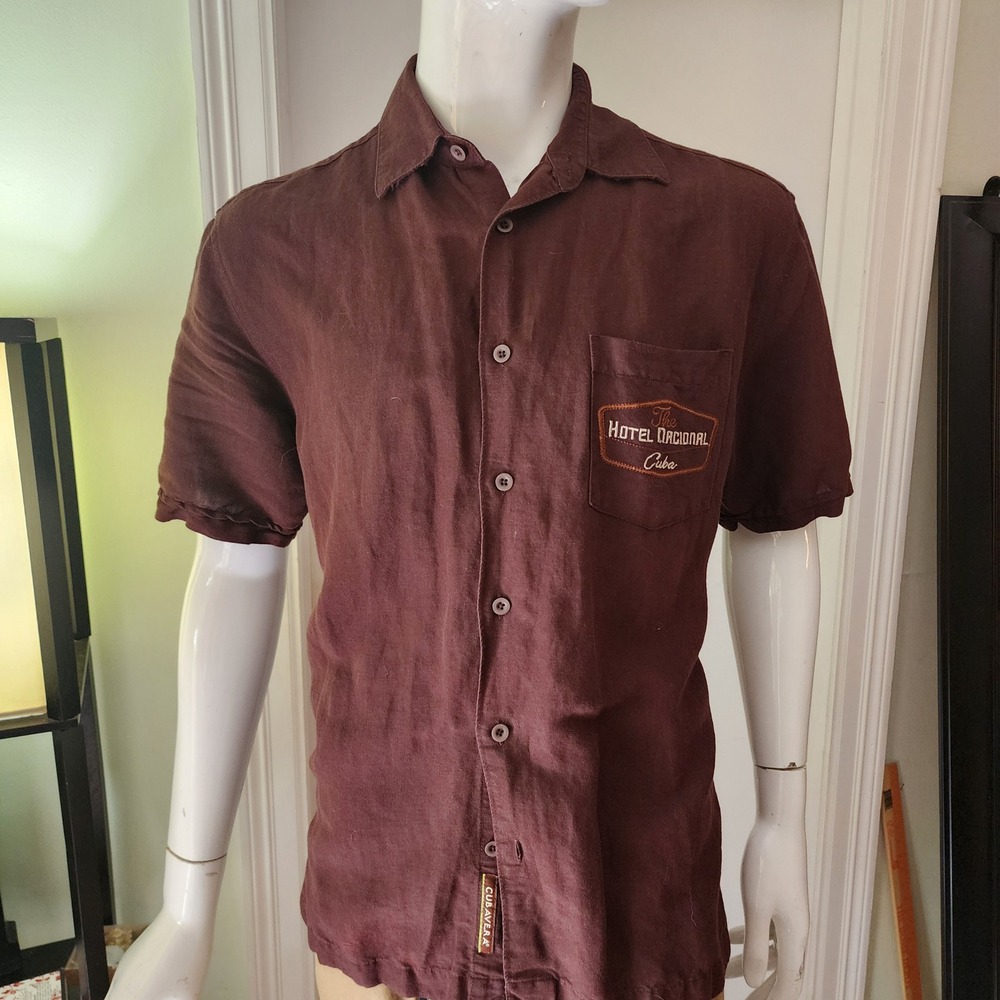 Cubavera Hotel Nacional Cuba Embroidered Linen Blend Button Down Shirt Brown Men